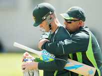 Darren Lehmann with Michael Clarke during an Australian nets session.